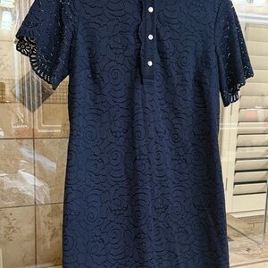 Banana Republic Navy Lace Short-Sleeve Shift Dress with Button Placket